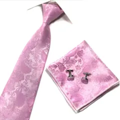 メンズネクタイ ポケットチーフ カフスボタン 3点 セット 結婚式 パーティー イベント 卒業式 入学式 入学式 ダンスパーティー ペイズリー柄 ピンク シルバー ワイシャツ スーツ 格安 小物 ネクタイ ハンカチ カフス 3点セット