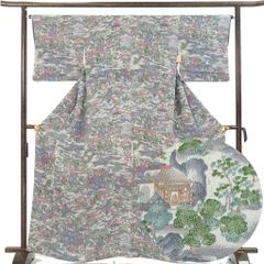 小紋 身丈165cm 裄65cm 前幅24cm 後幅30cm 袖丈45cm 袖幅7000cm レディース 袷 風景画 裄Mサイズ 秋冬春用 正絹（シルク）グレー トールサイズ 美品 リメイク リユース リサイクル【呉服のきくや】
