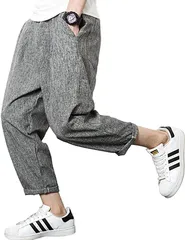 B-talk(ビートーク) BT05 ワイドパンツ メンズ イージーパンツ ロングパンツ クロップド 九分丈 ズボン ずぼん 大きいサイズ ウエストゴム 薄手 春 夏 秋 春夏 春秋 服 裾ゴム 麻 夏用 夏ズボン 夏ずぼん( グレー,  XL)