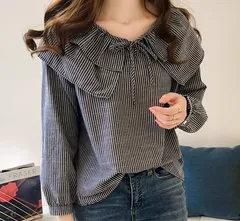 ストライプ ブラウス 長袖 フリル 襟 リボン シャツ トップス 体型カバー ゆったり オフィスカジュアル きれいめ 春 夏 秋 冬 レディース 大人可愛い 通勤 ママコーデ デニム合わせ [1072]