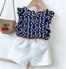 花柄ノースリーブ+ショーツ+ベルト 3点セット 花柄上下セット セットアップ 夏服 短パン 子供服 韓国子供服 大人っぽい お洒落 夏着 大人気  女の子 可愛い 上下セット おしゃれ お嬢様風 着心地良い 通気 ファッション感 トップス パンツ 韓国風