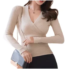[FUPUTWO] ニット レディース セクシー 長袖 セーター トップス Vネック 胸元 リブ カシュクール ボディコン タイト (ベージュ) [ベージュ] [Free Size]