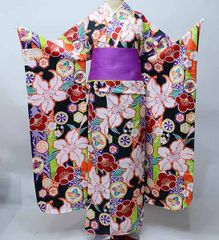 振袖 着物 単品 合繊 仕立て上がり 忘れな草 黒地 小紋柄 綸子地 成人 