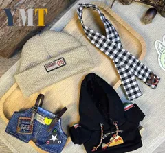 ぬいぐるみ服 17cm Labubu 人形服 ドール服 冬コーデ ニット帽+黒チェックマフラー+黒トップス+デニムパンツ4点セット 撮影小物 ぬい撮り コスチューム Labubu対応 男の子 女の子兼用love-028