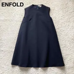 美品 ENFOLD エンフォルド ノースリーブワンピース フレア Aライン ひざ丈 厚手 シンプル 日本製 フォーマル デイリー お呼ばれ ネイビー 紺 36サイズ