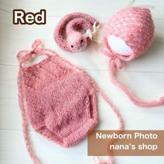 赤♪透かし編みヘビ帽子&編みロンパース&あみぐるみ ニューボーンフォト撮影衣装
