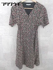 ◇ E hyphen world gallery PEACE ウエストゴム 花柄 五分袖 膝下丈 ワンピース サイズF ブラック マルチ レディース 【中古】 【1002802362934】