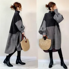 ワンピース レディース 即購入OK 長袖 モックネック アシンメトリー バブル袖 ミディアム丈 膝丈 配色 切り替え 体型カバー ゆったり シンプル カジュアル おしゃれ かわいい 秋 冬 通勤 通学