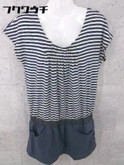 ◇ nano universe ナノユニバース ボーダー 半袖 膝丈 ワンピース サイズF ベージュ ネイビー レディース  【1002800469901】