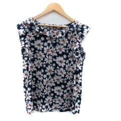 ローリーズファーム LOWRYS FARM ブラウス カットソー ラウンドネック フレンチスリーブ フリル 花柄 M マルチカラー 紺 ネイビー /HO38