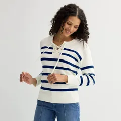 【送料無料】 クロフト＆バロー レディース ニット・セーター アウター Petite Croft & Barrow Lace-Up Drop Shoulder Pullover Sweater Navy Mariner Stripe