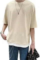 Four leaf Tシャツ メンズ 半袖 シンプル 無地 お洒落 重ね着風 ゆったり 五分袖 春 夏(ベージュ,  M)
