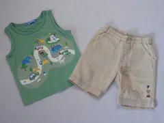 ファミリア familiar アウトレット 子供服 男の子 80cm ベビー服 タンクトップ ショート パンツ 2点 緑 ベージュ 春 夏 ★3 セットアップ ズボン ボトムス ボーイズ 男児 キッズ ベビー 【中古】 ユーズド リサイクル