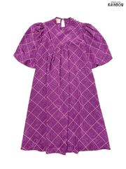 古着 ShirleyK パールボタン パフスリーブ カナダ製 ユニオンメイド 花柄 チェック柄 ロング丈 半袖 ワンピース 紫 (otu2506052)