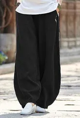 アジアン エスニック サルエル ロングパンツ 黒　無地 ゴム 綿  ワイドパンツ