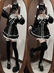 リボン　ブラック　黒　襟あり　量産型　地雷系　ワンピース　長袖　スカート　サブカル　服　ロリィタ　界隈　ロリータ　ぴえん系　女子　セット　安い　可愛い　ゴスロリ　渋谷　原宿　ファッション　病みかわいい　夢かわいい　推し活　あざと可愛い　春　夏　秋　冬
