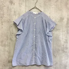 grove グローブ　フリルスリーブブラウス　ブルー×白×ストライプ柄　レディース　Mサイズ