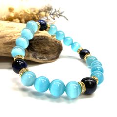 キャッツアイ(ライトブルー)×ブルータイガーアイ パワーストーン ブレスレット  (ゴールド) メンズ・レディース　男性・女性　数珠ブレス 開運 [23]