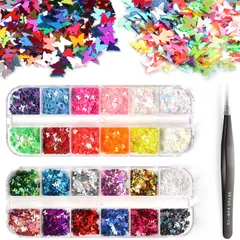 【新着商品】花信風 24色 極薄ネイルパーツ蝶/ネイル用シールステッカー/ネイルアートホログラム/グリッターラメ/ネイルパーツ/スパンコール/ネイルアートキット/可愛い/ケース*２ ピンセット１本付き