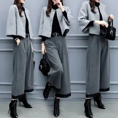 2点セット セットアップ ジャケット ズボン ワイドパンツ 7分丈 袖あり 長袖 ホルンスリーブ ラウンドネック 襟なし ポケット 前開き ウール 大人可愛い シンプル 大人 上品 おしゃれ お洒落 かっこいい アジアン エスニック エキゾチック 大人女子 モ