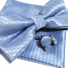 蝶ネクタイ チーフ カフス セット ブルー 青 光沢 結婚式 披露宴 パーティー