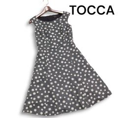 TOCCA フラワー刺繍 フレアワンピース 0 ネイビー×ホワイト バイカラー