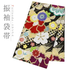 袋帯 振袖用 正絹 中古 全通 黒 金糸 牡丹 菊 桜 梅 椿 松 菖蒲 七宝繋ぎ 唐織 着物 仕立て上がり 成人式 No.6-1855