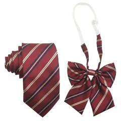 [SHUCLASS] スクールリボン ネクタイ【2点セット】 女子 制服リボン 学生服 紺色 中学生 高校生リボン レッド 赤いストライプ