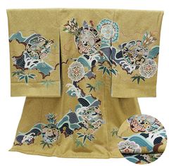 武具 鏡 竹 雲取り 波柄 金通し地 お宮参り 着物 男 の子 初着 産着 のしめ 正絹 友禅 25292