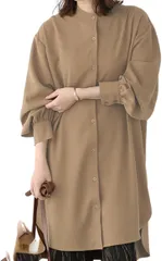 Elixio エリクシオ ゆったり シャツワンピース レディース チュニック 長袖 薄手 襟なし ノーカラー 羽織り パフスリーブ 大きめ 体型カバー カジュアル 秋 秋服(ブラウン,  M)