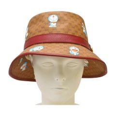 グッチ GUCCI ミニGGスプリーム ドラえもんコラボ バケットハット 648846 ブラウン レッド レザー PVC サイズ L レディース F-YA1004