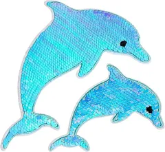 WATASHINO ワッペン スパンコール アイロン シールワッペン リバーシブル 両面 大 刺繍(ライトブルー、シルバー,  小約10cmx7cm、大約15cmx11cm)