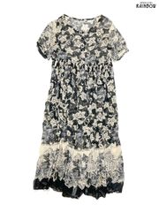 古着 BILA シアー 花柄 エスニック柄 ロング丈 半袖 ワンピース 黒 ベージュ (otu2506044)
