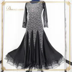 社交ダンス 衣装 スタンダード ドレス パーティ 発表会 黒 パーティドレス イチオク ICHIOKU ブラック系 レース フリル シルバー 上品 女性らしい 綺麗 パーティ用ドレス おしゃれ ファッション 高級感 エレガント モダン ステージ衣装 ダンス衣装