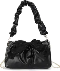 HARGIO(ハルジオ) ギャザー ショルダーバッグ リボン レディース リボンバッグ ギャザーバッグ フリル シャーリング 地雷系 量産型 小さめ ミニ チェーンバッグ おしゃれ かわいい(ブラック)