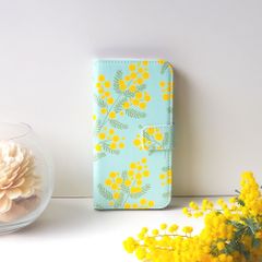 ＜iPhone系①＞早春ミモザの手帳型スマホケース／ブルー