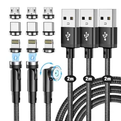 【新品】 マグネット 充電ケーブル USB充電 磁気ケーブル【2M+2M+2M/3本セット/9個磁気端子/】360度+180度回転 USB マグネット充電コード ライトニング、マイクロ Type-C コネクタ 磁石 防塵 着脱式 For iOS & And 1