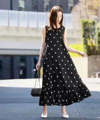 ワンピース レディース ノースリーブ ワンピース ロング丈 きれいめ 春 夏 秋 ドット柄 ワンピース マーメイド ロングワンピース マーメイドシルエット 体型カバー 大きいサイズ  シンプル カジュアル  ゆったり 楽ちん xzzhang249