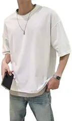 Four leaf Tシャツ メンズ 半袖 シンプル 無地 お洒落 重ね着風 ゆったり 五分袖 春 夏(ホワイト,  M)