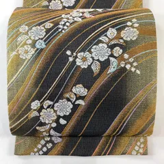 【美品】 袋帯 秀品 振袖向き 草花 幾何学 金糸 箔 灰色 六通 正絹 【中古】