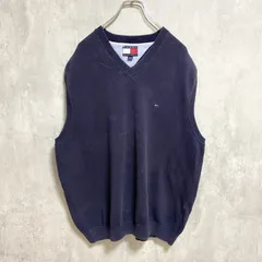 古着　used　TOMMYHILFIGER　トミーヒルフィガー　ワンポイント刺繍ニットベスト　Vネック　ネイビー　XLサイズ