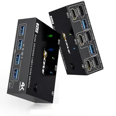 デュアル ディスプレイ?HDMI + DisplayPort KVM スイッチ、USB3.0 DP HDMI KVM スイッチ 4K@60Hz、2 入力 2 出力 PC切替器は 2 台の PC をサポートし、2 台のモニターと 1 セットのマウス、キーボードを