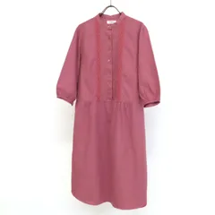 24006 美品 FURLA フルラ ロゴ刺繍 ピンタック レース コットン 七分袖 ワンピース シャツワンピース ロング Mサイズ ピンク系 日本製