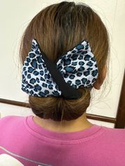 デフトバン お団子ヘアメーカー ハンドメイド ブルー ヒョウ柄