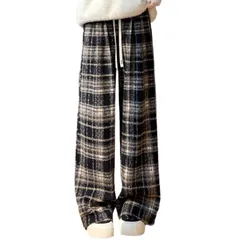 【新品】 [Volen] チェックパンツ レディース 秋冬 ワイドパンツ チェック柄 ラシャ ロングパンツ ハイウエスト ポケット付き 体型カバー 着痩せ 着まわし力 ゆったり おしゃれ(YJP0043NY-L) 1