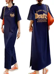 2XL_ネイビー [J.STORE] カレッジロゴ カットソー 半袖 シャツワンピ ゆったり マキシ丈 ロング シャツワンピース クラシカル オシャレ マタニティ ロングワンピース 可愛い 韓国 軽い かわいい ワンピース グラフィック 春 体型カバー アウト