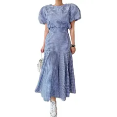 トップス 夏季 休? シャツ チェック柄 パフスリーブ スカート Aライン ハイウエスト フリル チェック柄 レディースファッション M250228-1900