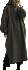 three Joy スリージョイ ワンピース ロングパーカー オーバーサイズ レディース スウェット フード付き(オリーブ,  2XL)