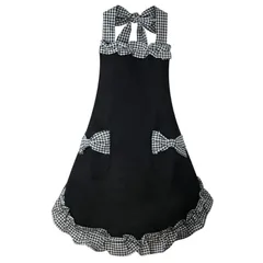 レトロ・サロンエプロン　フリル・リボン・ネック掛けエプロン　レース綴り上掛け　防水サスペンダー・エプロン　オイルプルーフ・リボン・コットン・エプロン　リボン結び・ポケット付き・ノースリーブ・エプロン　家居用品（ブラック）