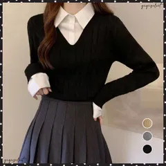 レイヤード風シャツニットトップス 韓国風レディース 重ね着風 ドッキングニット シャツ襟切り替え ニットブラウス カジュアルニットソー 春秋冬ニットプルオーバー異素材ニットトップ 着やせ長袖ブラウス おしゃれニットソー